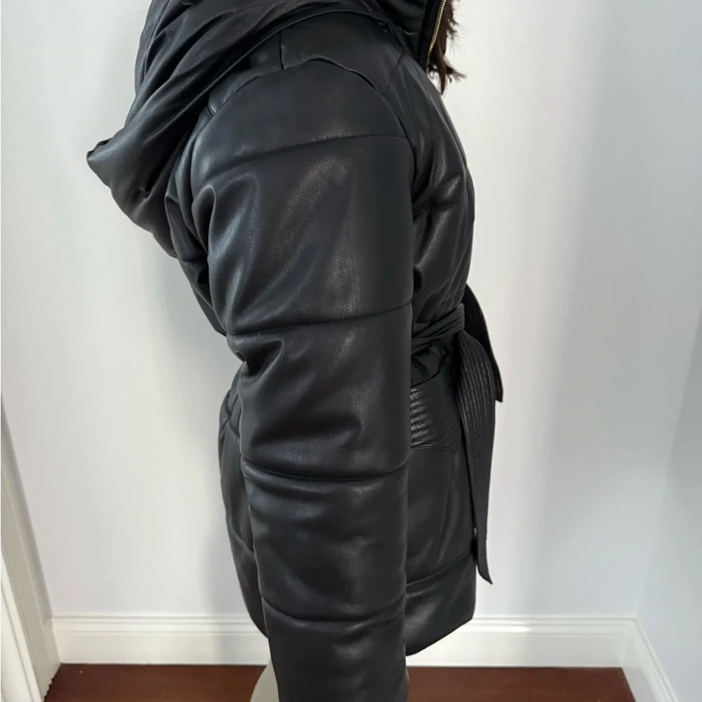 Nanushka Black Belted Vegan Leather Puffer Jacket - Picture 5 of 6